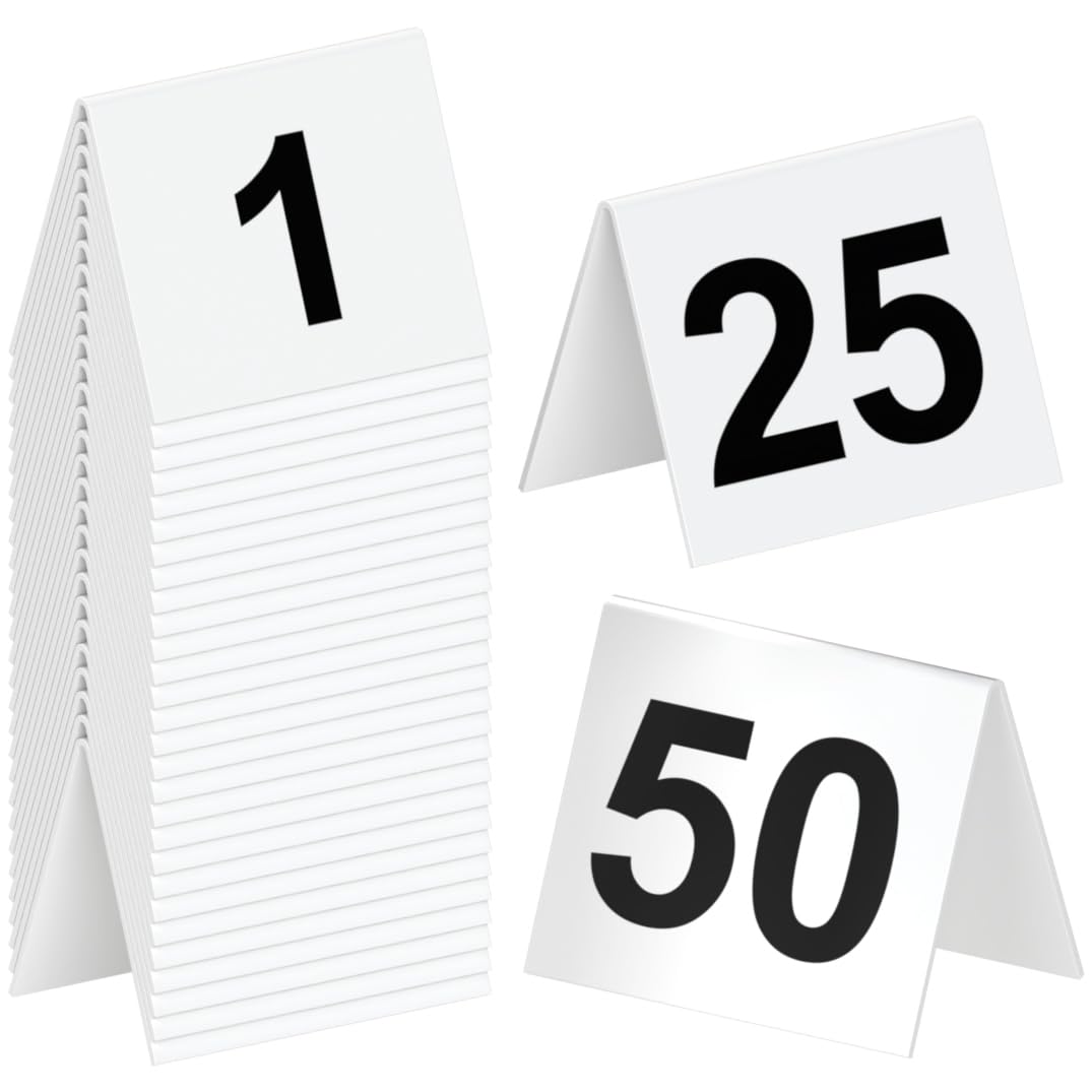 Restaurant Table Numbers 1-50 White, Tent Table Numbers (3 in x 3.5 in)