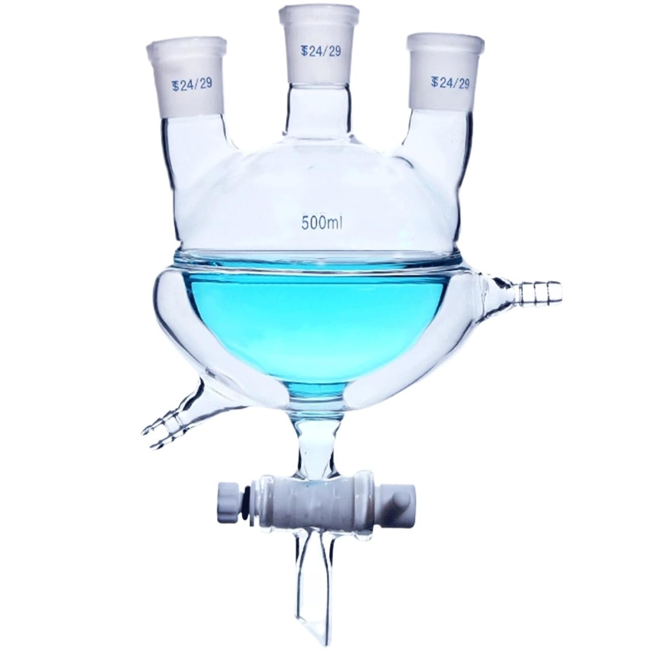 matraz de fondo redondo， Frasco de reacción de 3 cuellos con válvula de descarga, 500 ml/1000 ml, juntas 24/29 y 29/32.(500ml 24-24-24)
