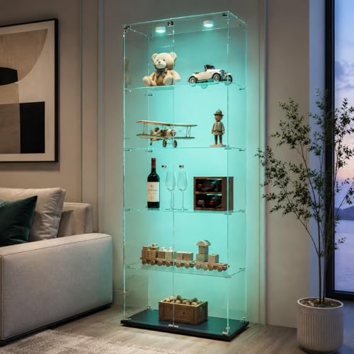 BLSYHDH Vitrine en Verre avec LED,Armoire vitrine pour Collection avec 2 Porte 5 étagères Transparent Meuble Vitrine Verre vitrines Figurine Armoire Salon...
