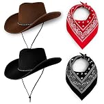 Cowboy Hats Pack of 2 Unisex Felt Western Hats & Bandanas (1 Black Hat & 1 Brown Hat + 1 Black 1 Red Bandanas) Texas Texan Costume Accessories for Men, Women, Adults Wild West Fancy Dress Party