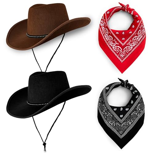 Cowboy Hats Pack of 2 Unisex Felt Western Hats & Bandanas (1 Black Hat & 1 Brown Hat + 1 Black 1 Red Bandanas) Texas Texan Costume Accessories for Men Women Adults Wild West Fancy Dress Party