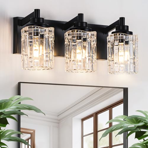 JSDORSY Bathroom Light Fixtures, 3-Light Black Bathroom Vanity Light, Modern Wall Sconces with Clear Glass Shade, Black Wall Lights for Mirror Kitchen Bedroom Hallway, E26 Base