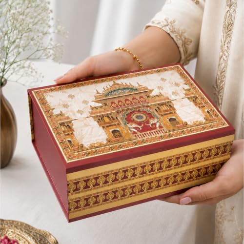 Image of Kura by Ekhasa Large Foldable Gift Box (26.5 x 21 x 11 cm) | Magnetic Closure, Traditional Printed Temple Design, Saree Packing, Hamper Packaging, Wedding, Festive & Housewarming Gifting