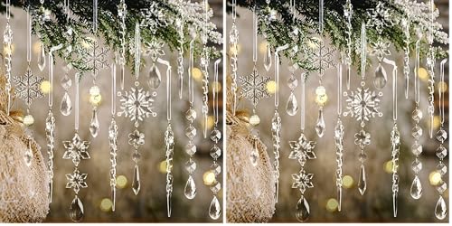 Image of 18pcs Christmas Tree Decoration Crystal Ornaments - Hanging Acrylic Christmas Snowflake Icicle Drop Crystal Ornaments for Xmas Tree Winter New Year Party Supplies (Pack of 2)