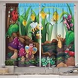 Ambesonne Animal Kitchen Curtains, Ladybug Butterfly Bee in Exotic Garden Botany Kids Nursery Themed Cartoon Art, Window Drapes 2 Panel Set for Kitchen Cafe Decor, 55' X 39', Black Brown