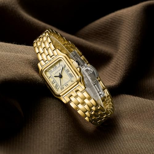 Image of CHEETAH Gold Watches for Women with Small Vintage Bracelet, Rectangular Case Roman Dial