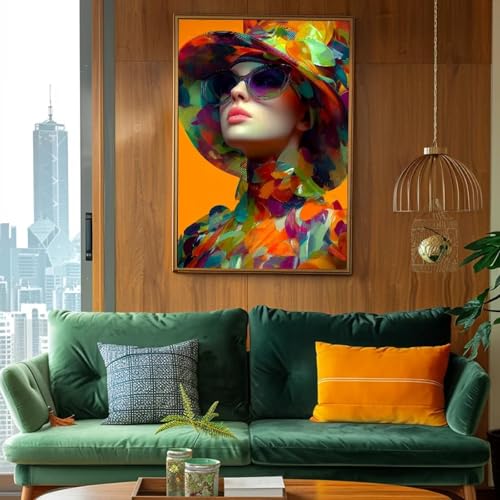 Affiche portrait femme chapeau lunettes toile 80x140cm