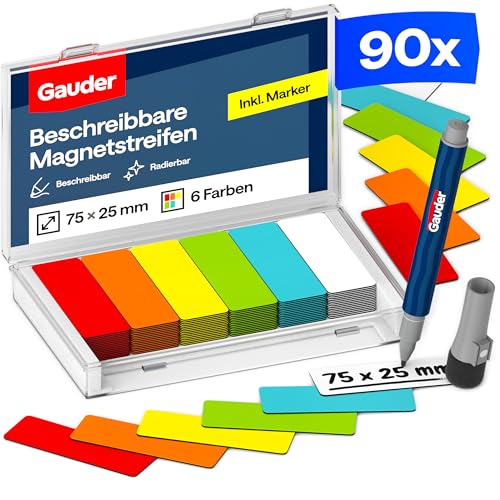 GAUDER Magnetetiketten beschreibbar - Wiederverwendbare Magnetschilder zum Beschriften für Whiteboard Tafel Kanban-Board und Kühlschrank - Magnetkarten mit Marker (90 Stück - 75 x 25 mm)