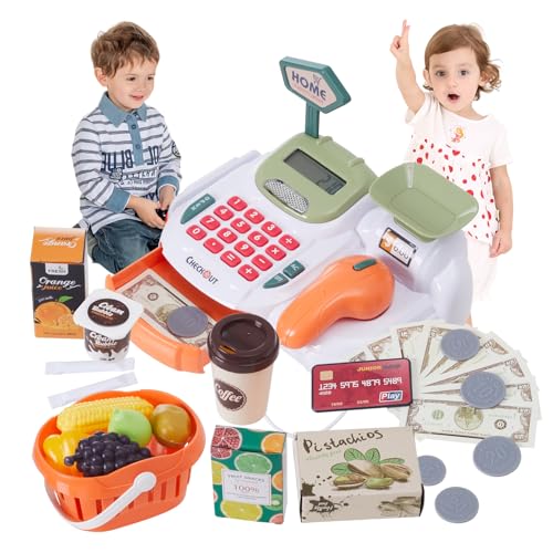 Qivange Toy Till Cash Register for Kids Toys Shop Age 3 4 5 with Scanner Play Money Pretend Toddler Toys with Food Fruit Basket Caculator Role Play Shop Toys Childrens Till Birthday Gift