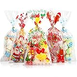 GWHOLE Sachet Biscuit Noël 100 Pcs Sachets Plastique Transparent Sachet Transparent Sacs Cadeau Noel Sachets en Cellophane pour Bonbon Chocolat Biscuit - 27 x 13 cm + 100 Fils de Torsion d’Or