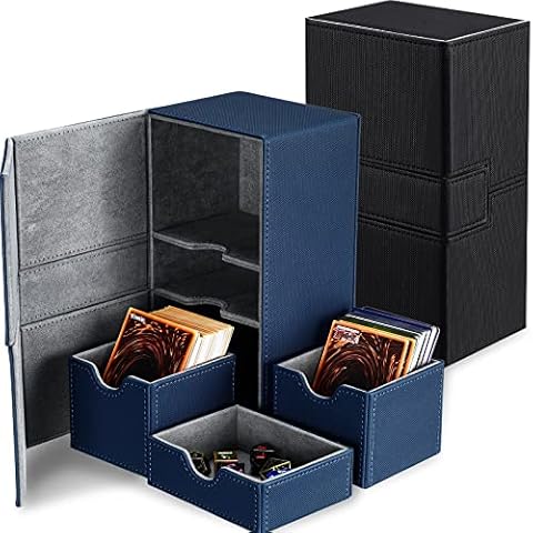 2 Boxes Double Deck Card Boxes Compatible with MTG Cards Leather Deck Card Boxes for 200+ Sleeved Cards Twin Flip Deck Case with 3 Tray Fits Commander Decks for Trading Card Games TCG (Blue, Black) Cover