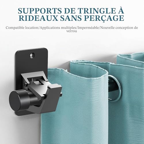 WEKIWGOT Supports Rideau sans Percage, Fixation Autocollante Adhésive pour Tringle Rideau jusqu'à 13 kg, Hooks pour Salle de Bain Chambre Salon Cuisine, Noir (Noir, Lot de 6) – vue 2