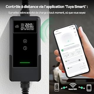 dé Chargeur Voiture Electrique 22kW APP [7m, Triphasé, 6A-32A] Borne de Recharge Vehicule Electrique 22kw Triphasé, Chargeur EV Prise CEE Compatible avec Model Y, E-208, 500e et Autres EV/PHEV
