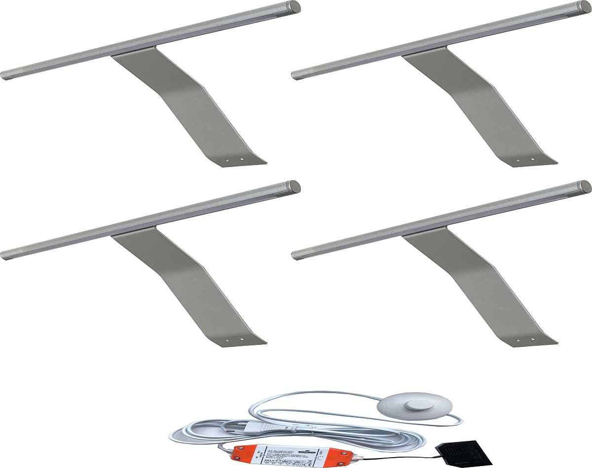 ACCE Lampada a LED con corpo in alluminio per armadio, illuminazione per scaffali, armadio, lampada da incasso con interruttore e spina, bianco caldo 3000 K, classe energetica A++] (WW, 4 pezzi)