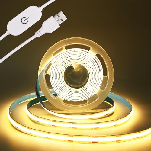 TUNICHX COB LED Strip Light 5V USB Tape 320LED/m Dimmable LED Strip Light USB TV Backlight Flexible Under Cabinet Tape Light for Bedroom,Kitchen,Home DIY Lighting (3000K, 9.84FT)