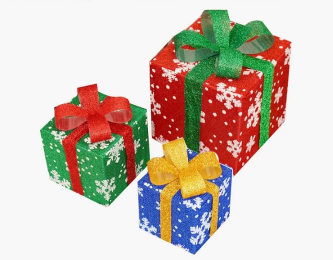 Conjunto de 3 Caixas de Presente Iluminadas, Decoração Natalina, Vermelho, Verde e Azul com Flocos de Neve