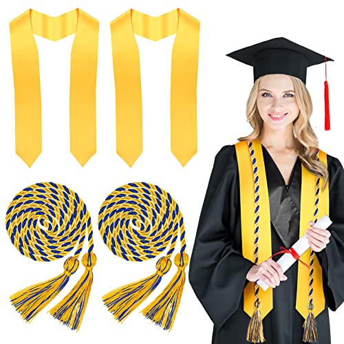 4 Pieces Unisex Grad Honor Stole Angled End with Trim 72'' Long and Graduation Tassel Honor Cords 67'' Polyester Yarn Honor Cords for Graduation Day and High School and Bachelor