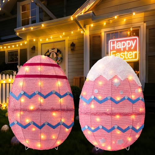 Outdoor Easter Decorations Yard Decor, Set of 2 Lighted Metal