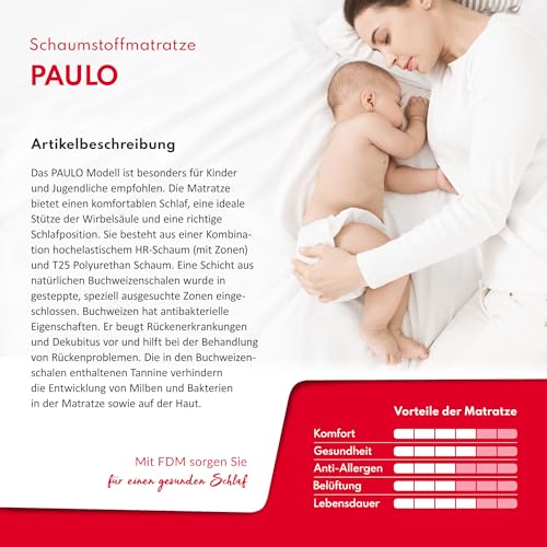 FDM Matratze 90x160 cm Härtegrad H3 Höhe 16 cm Kindermatratze Schaumstoffmatratze HR-Schaum Polyurethan-Schaum Buchweizen 7 Komfortzonen mit Hypoallergenem Waschbarem Premium-Bezug Oeko-Tex Paulo