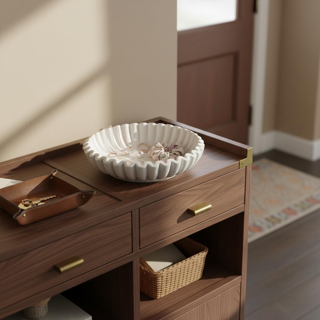 White Decorative Bowl Large - 11" Fruit Bowl for Kitchen Counter - Key and Purse Bowl for Entryway Table - Modern Accent Bowls for Home Decor - Minimalist Coffee Table Decor