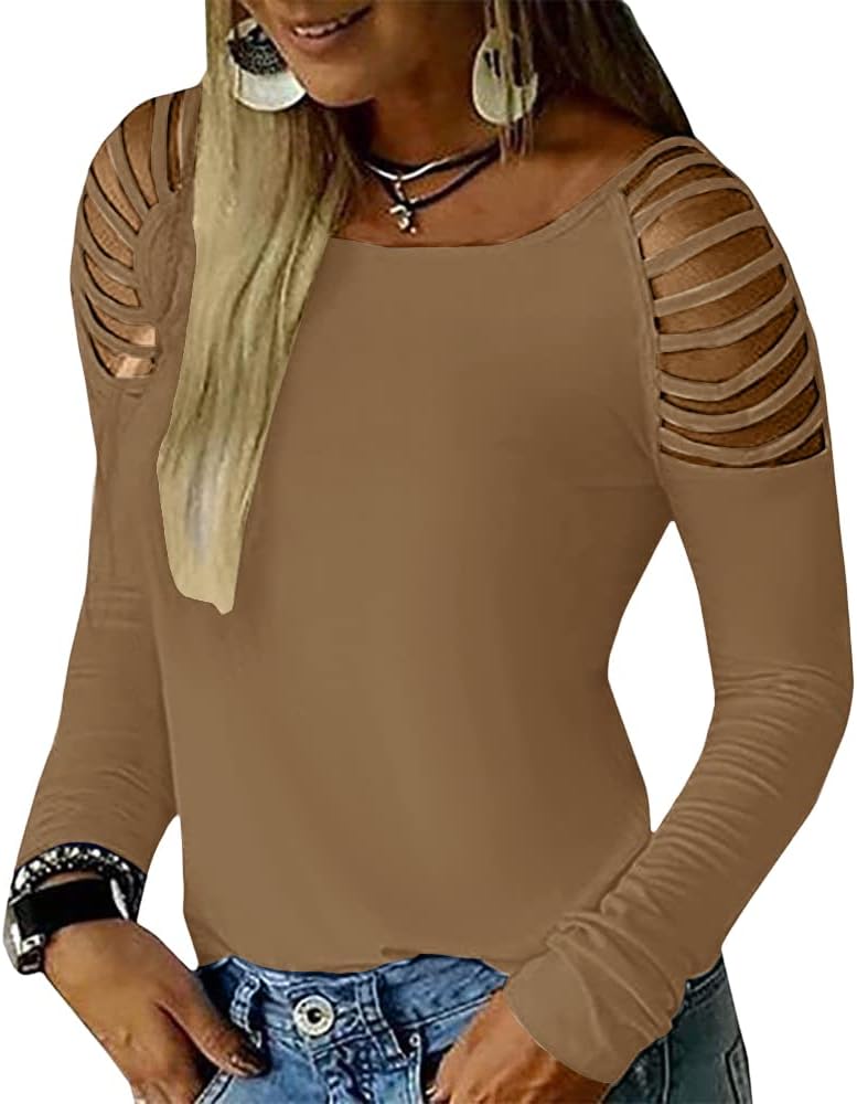 Cicy Bell Women's Long Sleeve Cold Shoulder Tops Plain Hollow Out Boat Neck Casual Blouses Shirts - Image 2