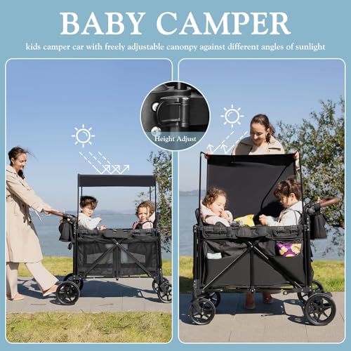 Wagon Stroller for 2 Kids, High Seats & 5-Point Harness, Foldable All-Terrain Toddler Wagon Stroller with Adjustable Canopy, Parent Organizer, Rain Cover, Snack Plate, Storage Bag