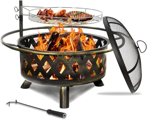 30 Inch Outdoor Fire Pit with Spark Screen & Cooking Grate - Large Round Steel Firepits for Patio,...