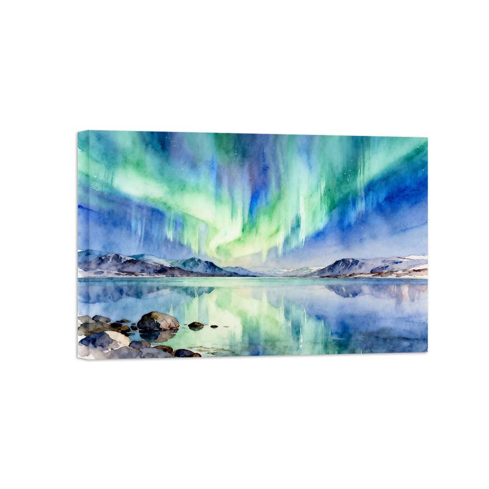 OZPWBVY Green Aurora Lake Landscape Canvas Prints Ready to Hang 20x30cm Wrapped Canvas