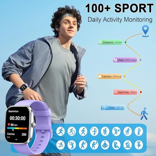 Image of Smart Watch(Answer /Make Call), 1.91 inch Smartwatch for Men Women, New Fitness Watch with 110+ Sport Modes, Fitness Activity Tracke with Pedometer /Sleep Monitor /Heart Rate /IP68 Waterproof, Silver Purple