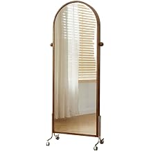 Mirror Full Length Vintage Style Wooden Full-Length Dressing Mirror with Casters Bedroom Magazine Rack Decoration