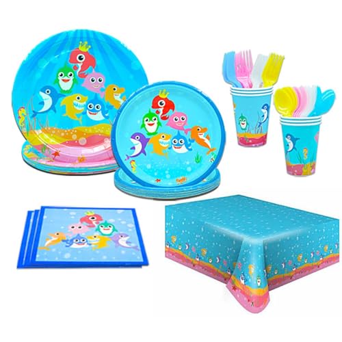 Shark Party Supplies Under the Sea Theme Birthday Decorations for 16 Guests Party Plates and Napkins Set Tablecloth and Cutlery 97pcs