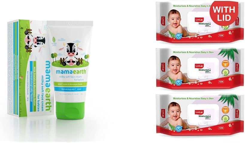 Milky Soft Natural Baby Face Cream for Babies 60mL and LuvLap Paraben Free Baby Wipes with Aloe Vera, with Fliptop Lid (72 Wipes/Pack, Pack of 3)