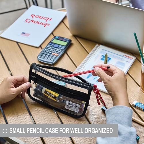 Image of Rough Enough Clear Pencil Case for School, 60+ Pencils Capacity, Black