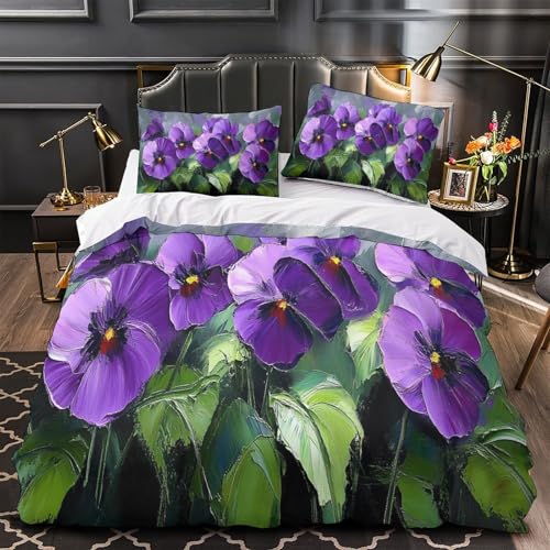 Housse de couette 200x200 fleurs violettes avec 2 taies drap microfibre lit double