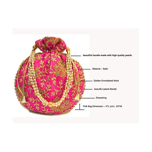 Indian Ethnic Designer Embroidered Silk Potli Bag Batwa Pearls Handle Purse Clutch Purse for Women Evening Party (Rani Color) - Image 6