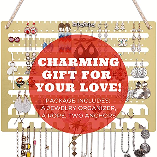 Wooden Jewelry Organizer Wall Mounted, Hanging Jewelry Organizer Earring Organizer Necklace Holder Bracelet Holder Over The Door, Jewelry Holder for Earrings, Necklaces &Rings (Gold) - Thumbnail 6