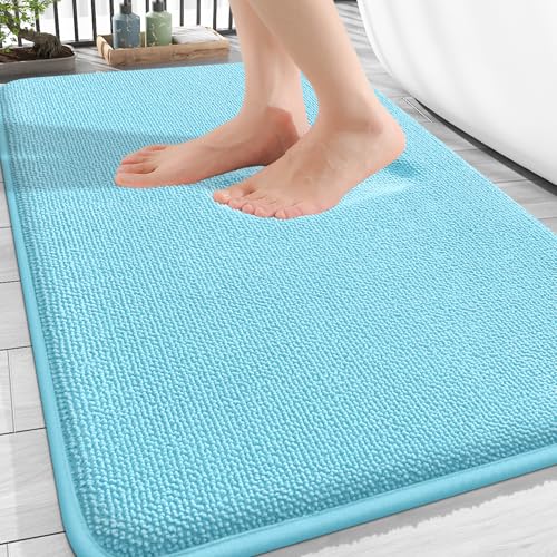 Image of OLANLY Thick Memory Foam Bath Mat Rug 30x20, Extra Soft Absorbent Bathroom Rug, Quick Dry Bath Mats, Non-Slip, Machine Washable Carpet for Bathroom, Tub and Shower, Home Decor Accessories, Sky Blue