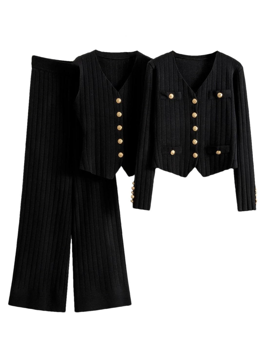 Cardigan da donna + gilet in maglia con scollo a V + pantaloni lunghi a gamba larga