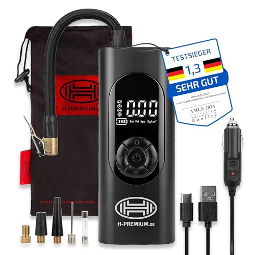 HEYNER® Digitaler Akku‑Kompressor 6.000 mAh, 10 bar Luftkompressor mit Auto‑Stopp, LCD, LED‑Licht, SOS‑Signal und Powerbank, für Auto, Motorrad, Fahrrad, Camping – inkl. Schlauch, Adaptern und USB‑C