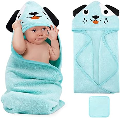 SYNPOS Hooded Baby Towel Set - Ultra Soft & Absorbent Bamboo Cotton Bath Towel and Washcloth - Perfect Newborn Essential Cute Puppy Design - 30 x 30 Inch