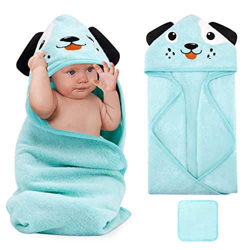 Synpos Hooded Baby Towel Set - Ultra Soft & Absorbent Bamboo Cotton Bath Towel And Washcloth - Perfect Newborn Essential Cute Puppy Design - 30 X 30 Inch #TOP10