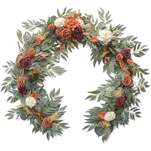 Floroom 6ft Artificial Eucalyptus Garland with Flowers Fake Greenery Burnt Orange Faux Floral Vine Garland for Table Decor Wedding Centerpieces Bridal Shower Party Decorations, Terracotta Cover