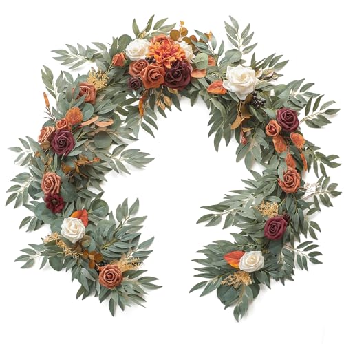 Floroom 6ft Artificial Eucalyptus Garland with Flowers Fake Greenery Burnt Orange Faux Floral Vine Garland for Table Decor Wedding Centerpieces Bridal Shower Party Decorations, Terracotta