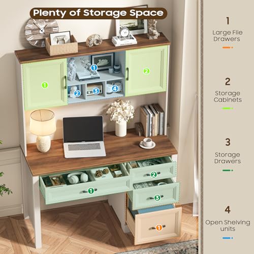 Image of Vabches Farmhouse Executive Desk with 4 Drawers and Storage Cabinet, Rustic Large Home Writing Desk with Hutch, Workstation for Bedroom, White