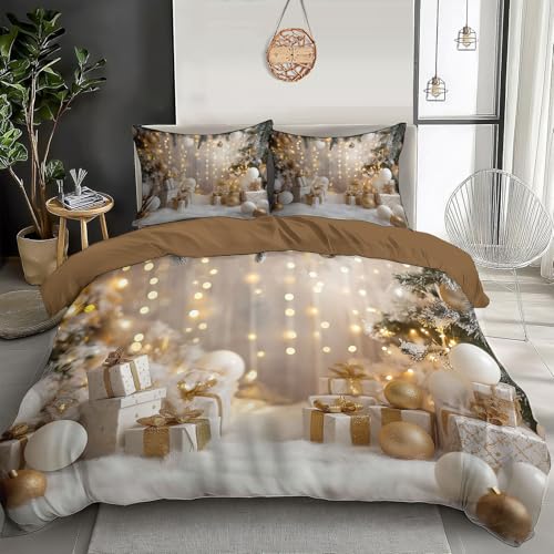 MULERN Parure de Lit Cadeaux Ballons Branches Motif, 220x240cm Housse de Couette avec 2 Taies d'oreiller, 3D Or Blanc Noël Arrière-Plan de Compagnie Imprimé Literie, pour Adultes Enfants Filles