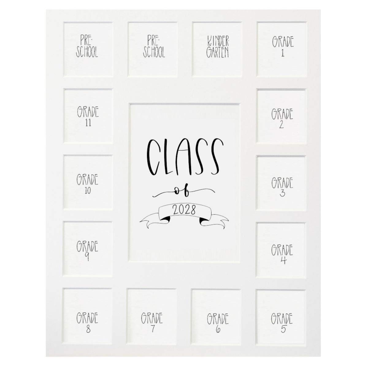 Rustic Red Door Co. Class of 2028 Photo Mat (11" x 14") Photo Collage Picture Frames Mat for School Pictures - No Frame White Photo Mat from Pre - K to Graduation (15 Photos)