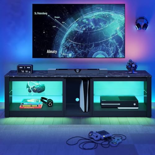 Bestier TV Stand for 70 inch TV, Gaming Entertainment Center for PS5, LED TV Cabinet with Glass Shelves for Living Room, 63\'\' Inch, Marble Black