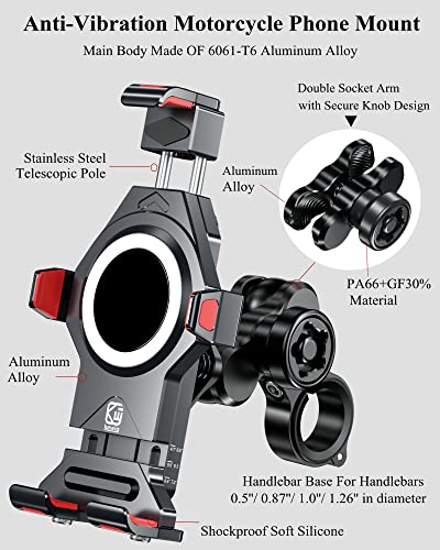 Brcovan Aluminum Alloy Motorcycle Phone Mount With Vibration Dampener & High-Speed Secure Lock, One-Push Automatically Lock Atv Bike Scooter Handlebar Cell Phone Holder For 4.7''-7.2'' Phones #TOP1