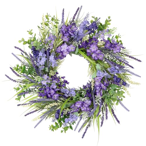 Arborus Artificial Lavender Wreath 17.7 Small Summer Wreaths for Front Door Realistic Purple Silk Flower Wreath Faux Spring Floral Wreaths for All Seasons Farmhouse Mantle Wedding Home Decor