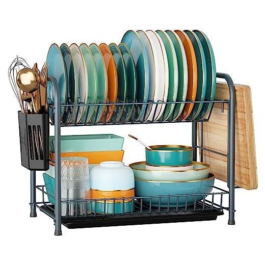 Naturous Dish Rack, 2 Tier Dish Drying Rack Kitchen Organizer with Drain Board, Utensil Holder, Cutting Board Holder, Gray
